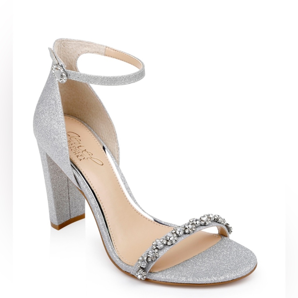 Jewel Badgley Mischka Alyssa Block Heel Silver Glitter Ankle Strap Sandal 9 NWT